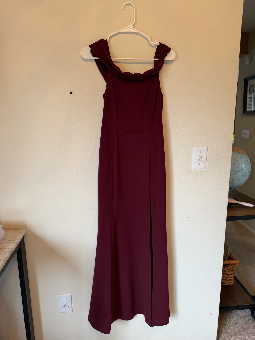 Windsor Off-the-Shoulder Burgundy Evening Gown with Thigh Slit - Picture 3 of 6